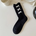 Japanese style black cotton mid-calf socks with three white silk bows for women - One Size / Black with White