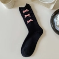 Japanese style black crew socks featuring three pink velvet bows and ribbed knit texture - One Size / Black Base Pink Bow