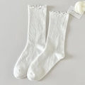 Sweet white crew socks with hollow diamond pattern and elegant ruffled lettuce edges - One Size / Bleached White