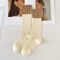 Calze bicolore crema e marrone con costine verticali e bordo con volant - Bianco Crema