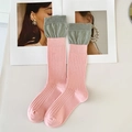 Calze rosa a costine con polsini grigi a contrasto in stile collegiale coreano - Rosa