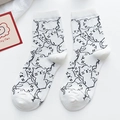 Weiße Socken mit schwarzem Pixel-Katzenmuster und gerippten Bündchen für Damen - Einheitsgröße / Weiß