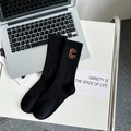 Black mid-calf cotton ribbed socks with brown varsity letter C patch for women - One Size / Black