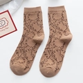 Mid-calf khaki cotton socks featuring brown cartoon cat patterns and ribbed cuffs - One Size / Dark Coffee