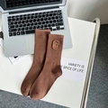 Brown mid-calf cotton socks with letter C embroidery and ribbed texture in minimalist style - One Size / Dark Coffee