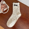 Vintage beige Socken mit schwarzen Punkten, Rüschenrand und kleiner Schleife - Einheitsgröße / Gepunktet