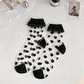 Calze a rete con bordo in pizzo e cuori neri in tessuto bianco trasparente - Taglia unica / Cuore Nero