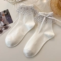White Lolita lace socks with black polka dots and delicate silk bows for women - One Size / Polka Dot Lace