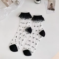 Calze Lolita bianche trasparenti a pois neri con bordo in pizzo a balze eleganti - Taglia unica / Nero a Pois