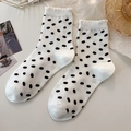 Lolita style white socks with black polka dots and delicate ruffle trim design - One Size / All Over Polka Dot