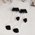 Lace trim mesh crew socks with black contrast heel and toe in a sweet Lolita style - One Size / Solid Black