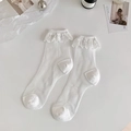 Sweet white Lolita style lace trim sheer socks with heart pattern transparent silk fabric - One Size / Solid White