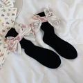 Lolita-Stil schwarze Kniestrümpfe mit süßer rosa floraler Spitzen-Schleifenverzierung - Einheitsgröße / Schwarz Kleine Schleife