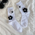 Sweet white crew socks featuring handmade black and white crochet flowers for JK style - One Size / White Base with Black & White Flowers