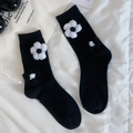 Japanese style black calf-high socks with handmade 3D crochet flower decorations - One Size / Black Base with Black & White Flowers
