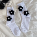 White crew socks with handmade black 3D crochet flowers in Japanese Lolita style - One Size / White With Black Flowers