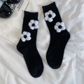 Japanese style black cotton crew socks with 3D white crochet flower details - One Size / Black With White Flowers