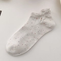 White cotton low cut boat socks with colorful polka dots and ribbed elastic cuffs - One Size / White