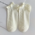 Off-white cotton low cut socks featuring ruffled edges and heart jacquard pattern - Creamy White