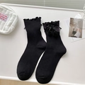 Calze nere in cotone stile giapponese con volant, fiocchi decorativi e pompon morbidi - Taglia Unica (22-25cm) / 137 Nero (Stile Pompon)