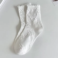 White cotton crew socks for women with butterfly texture and ruffled lettuce edges - One Size / White Butterfly Mid-Tube Socks