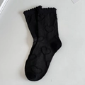 Sweet black crew socks with jacquard heart patterns and ruffled edges in Japanese style - One Size / Black Heart Mid-Tube Socks