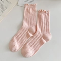 Pink mid-calf socks with ruffle trim and vertical breathable mesh hollow stripes - One Size / Pink