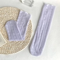 Lace mesh crew socks in lavender purple with dainty 3D floral embroidery patterns - One Size / Purple