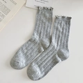 Gray mid-calf socks with eyelet knit texture and frilled lettuce trim in sweet style - One Size / Gray