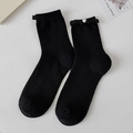 Black ballet style bow socks with heart pearl pendant and ribbed knit texture - One Size / Black With Black Bow