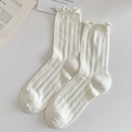 Creamy white crew socks with hollow mesh knit texture and sweet ruffled lettuce edges - One Size / Creamy White