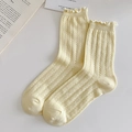 Cream yellow knit crew socks with mesh stripes and ruffled cuffs in sweet Korean style - One Size / Light Yellow