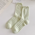 Light green mesh crew socks with lettuce trim and breathable vertical knit pattern - One Size / Light Green