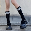 Calze alte Lolita nere con bordo in pizzo bianco e fiocco per donna - Taglia unica / Nero