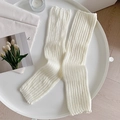 Lolita style white knitted leg warmers with vertical ribs and soft ruffled edges - One Size / Beige