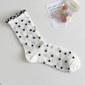 Calcetines de malla blancos con lunares negros y bordes de volantes dulces para mujer - Lunar Negro