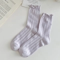 Light purple mid-calf socks with vertical hollow stripes and ruffle trim edges - One Size / Purple