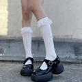 Calze bianche alte stile Lolita con bordo in pizzo e dettaglio piccolo fiocco - Taglia unica / Bianco