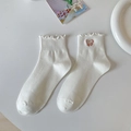 Cremeweiße Söckchen mit Rüschenrand und rosa Schleifenbestickung für Mädchen - Schleife