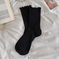 Elegant black ruffle trim mid-calf socks featuring a ribbed texture for a sweet ballet style - Black