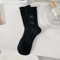 Sweet Lolita style black calf socks with silk bows and white pearl embellishments - One Size / Black