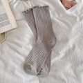 Japanese style light gray mesh crew socks with frilly edges and vertical ribbed texture - Gray