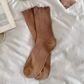 Brown mesh mid-calf socks with ruffle trim and rib-knit texture in ballet style - Brown