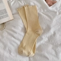 Sweet ballet style beige mesh crew socks with lettuce edge trim and ribbed texture - Beige Khaki