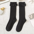 Elegant black knee-high JK socks featuring delicate lace trim and vertical knit texture - One Size / Black
