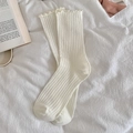 White ribbed mesh crew socks with ruffle trim in a soft Japanese ballet core style - Creamy White