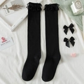 Black Lolita knee-high socks with delicate lace trim and soft knitted texture - One Size / Black