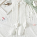 White Lolita knee-high socks with double-layered lace trim and sweet ribbon details - One Size / White