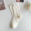 White JK Lolita style crew socks with lace trim and 3D floral cable knit patterns - Lace Floral Cuff (White)
