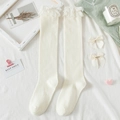 Beige Lolita over-the-knee socks with tiered lace trim and knit texture for women - One Size / Off-white